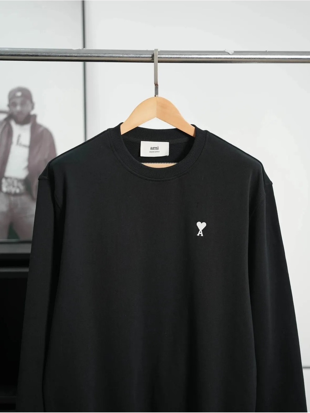 Ami Black Crewneck Sweatshirt with White Heart 'A' Logo